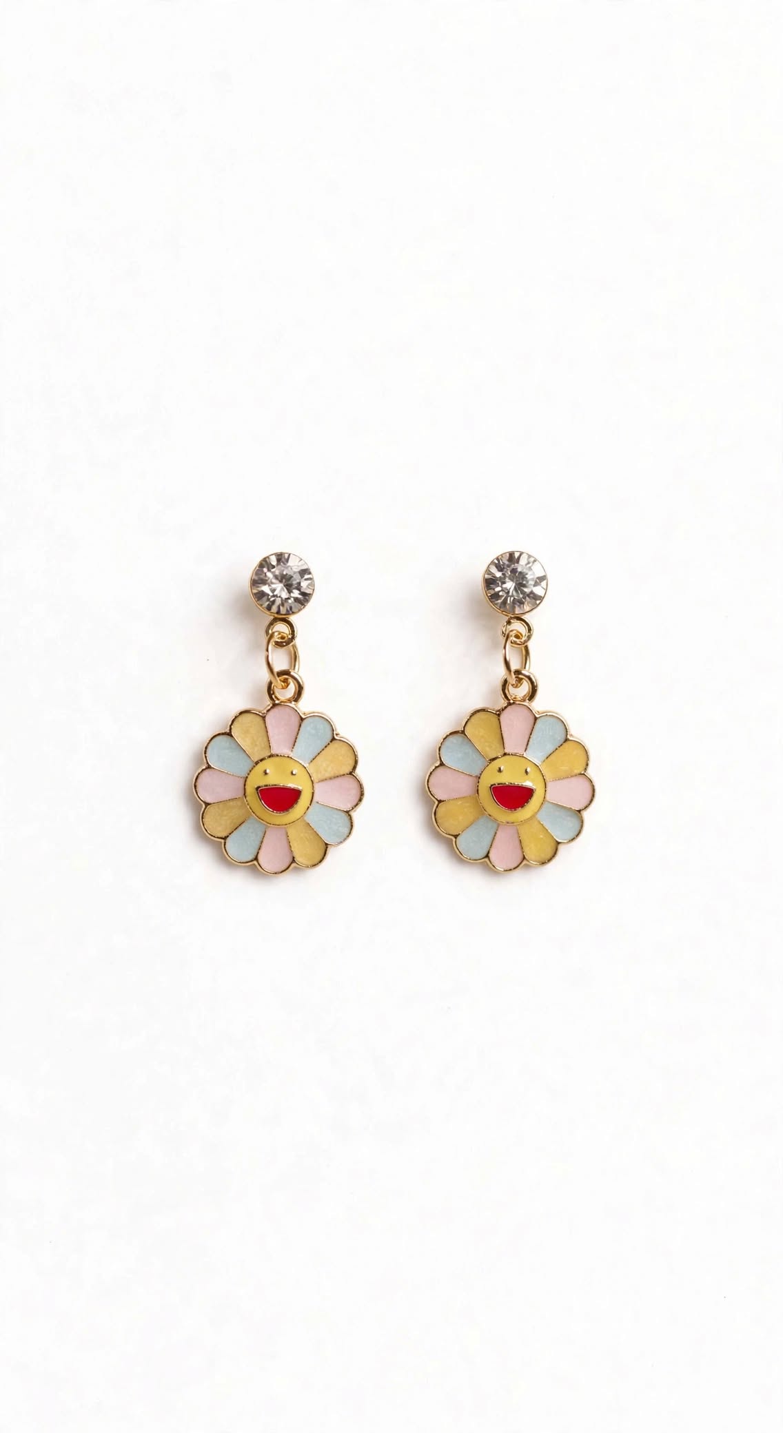 Rainbow Smiley Flower Drop Earrings with Crystal Stud