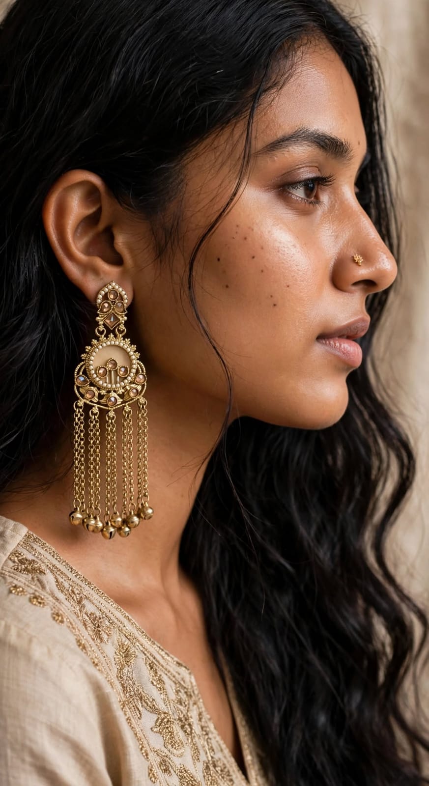 Gold Long Chain Tassel Earrings with Ghungroo