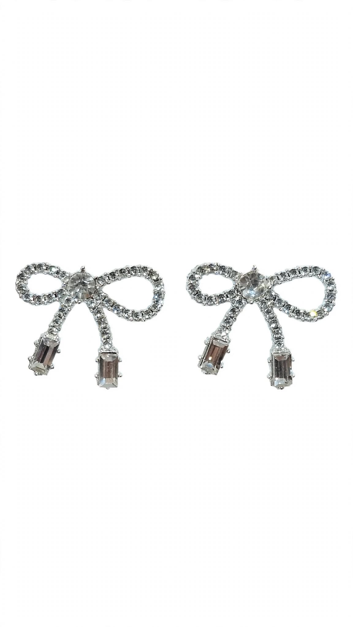 Bella Crystal Bow Drop Earrings - Silver