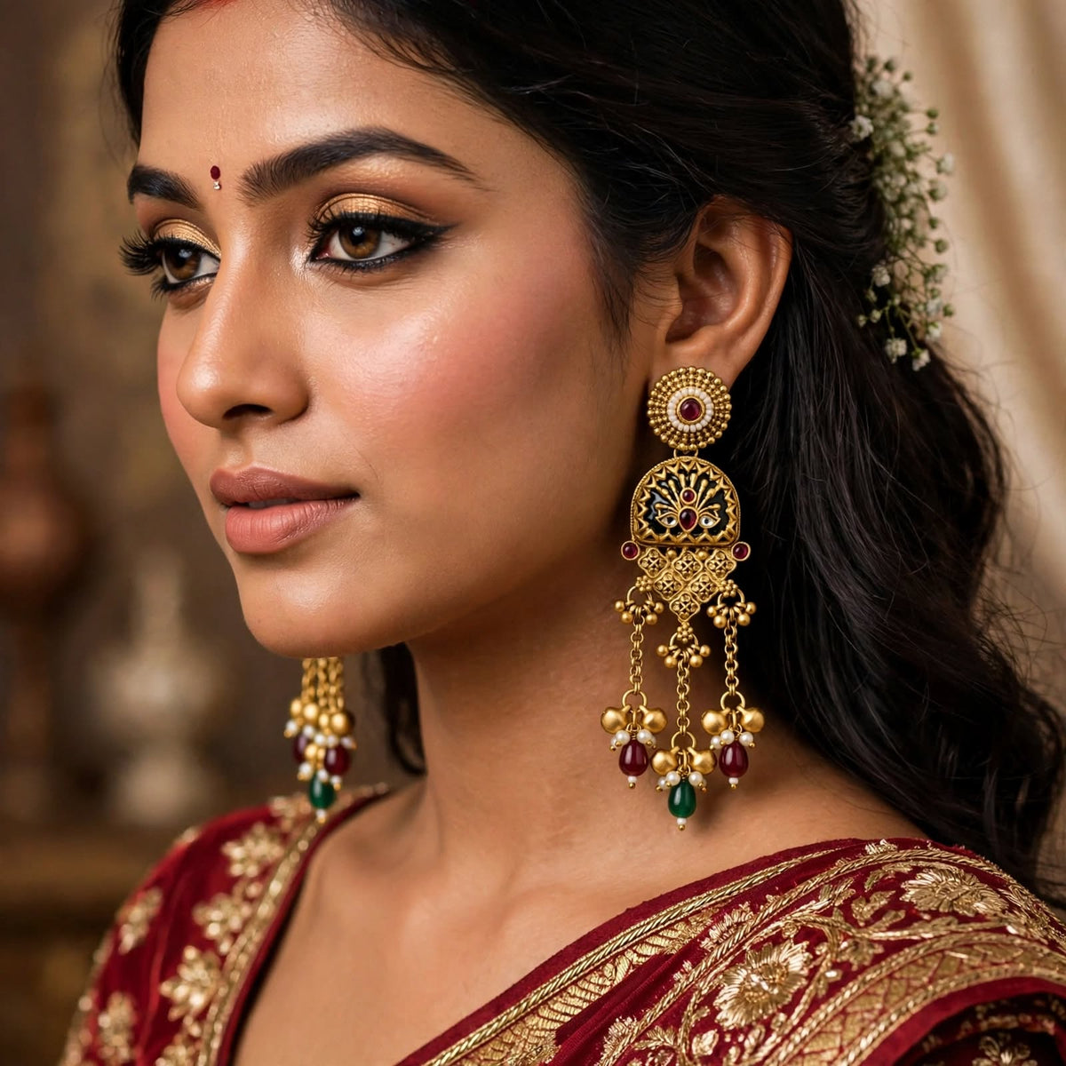 Antique Temple Gold Long Jhumka Earrings