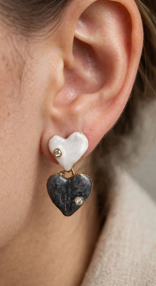 Yin Yang Crystal Heart Earrings Black and White
