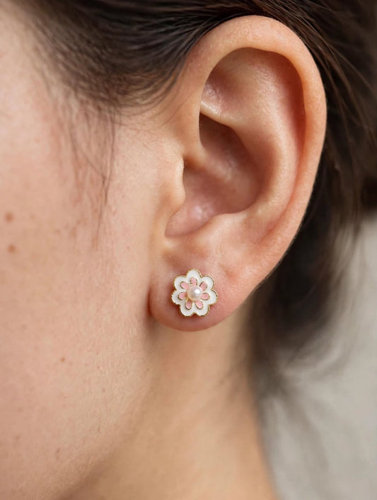 Blossom Pearl Daisy Stud Earrings - Pink & White