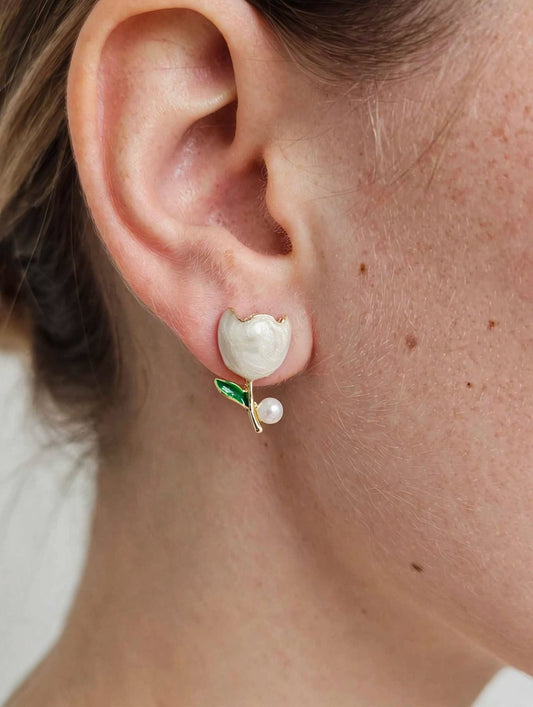 Tulip Bloom - Enamel Pearl Stud Earrings