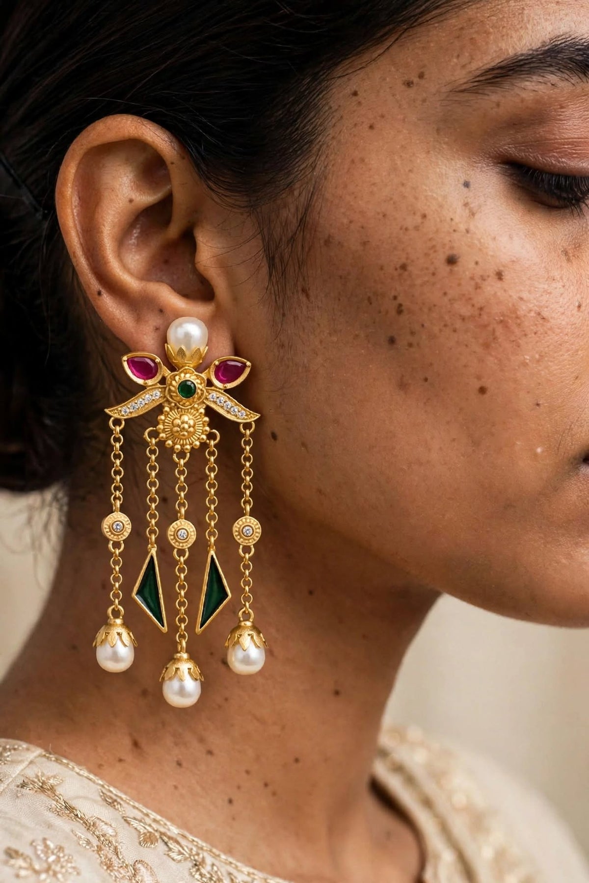 Gold Pearl Tassel Jhumka Earrings