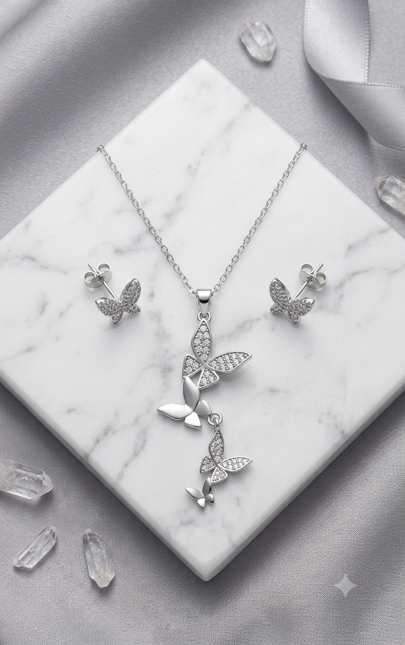 Cascading Butterfly Pendant & Stud Set