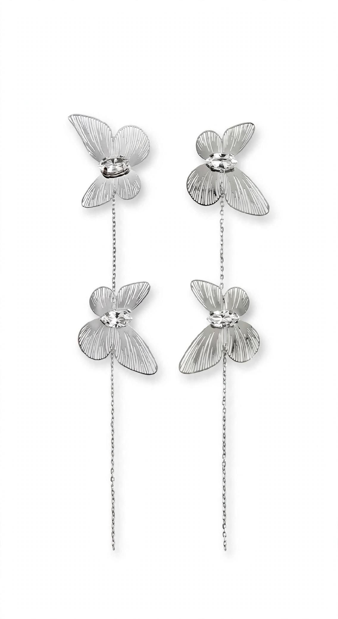 Flutter Silver Butterfly Long Tassel Drop Earrings