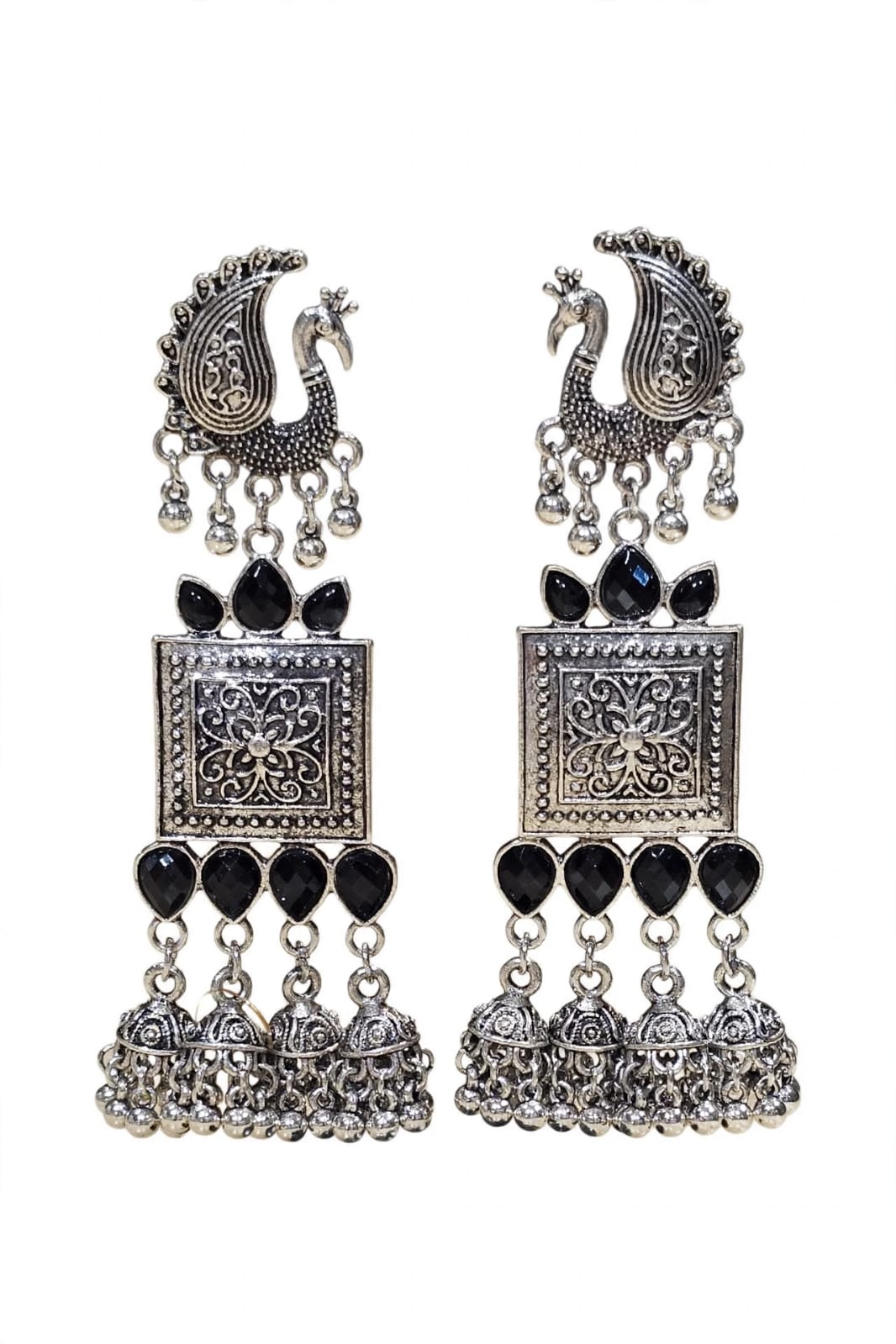 Mayura Oxidized Silver Peacock Jhumka