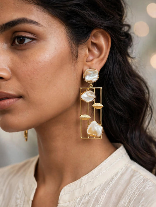 Gold Bar Pearl Statement Earrings
