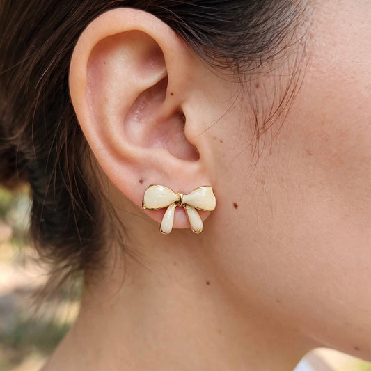 Belle Bow Cream Enamel Stud Earrings