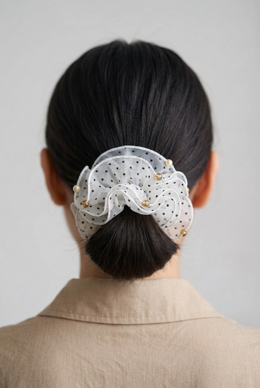 The Polka Dot Ruffle Mesh Scrunchie