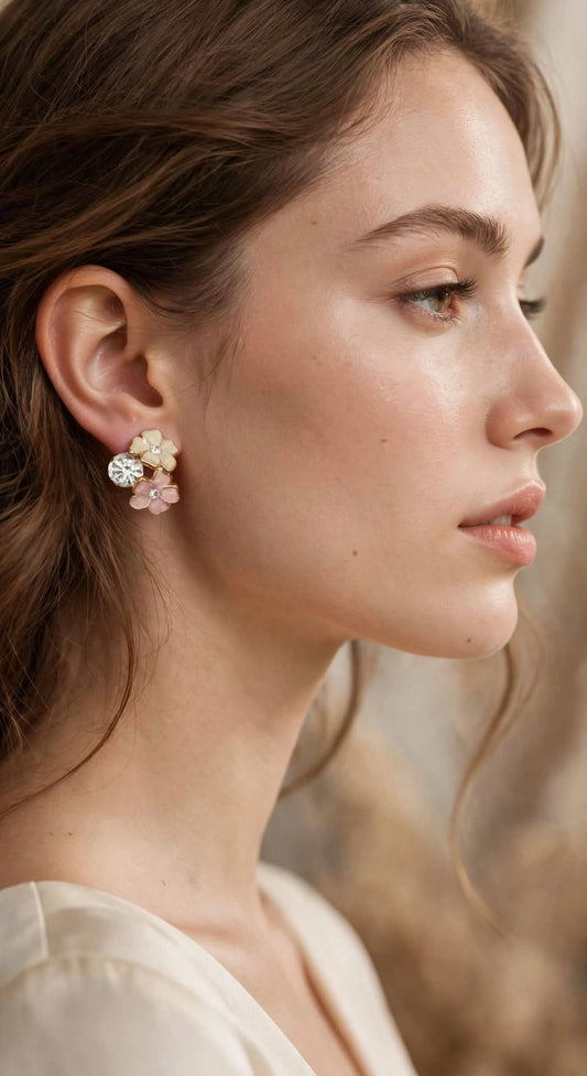 Enamel Flower Cluster Earrings Pink Floral Crystal Studs
