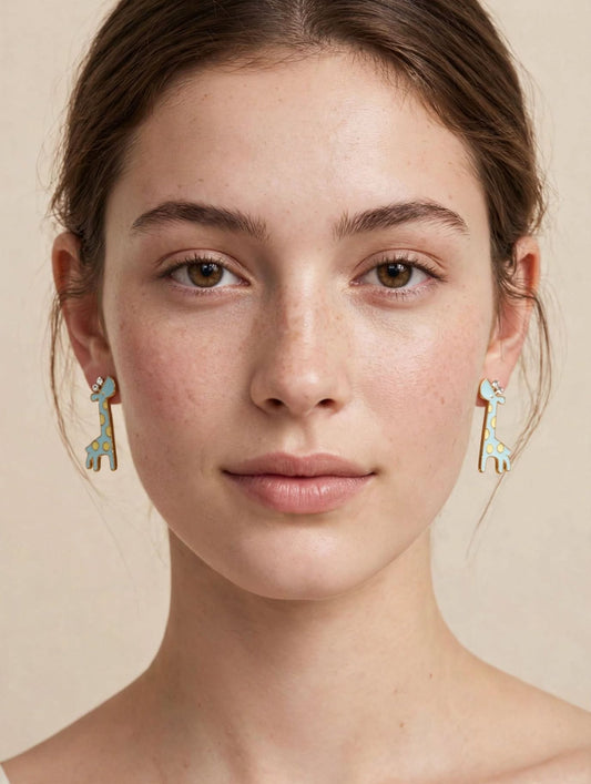 Giraffe Sky Blue Enamel Stud Earrings with Crystal Horns