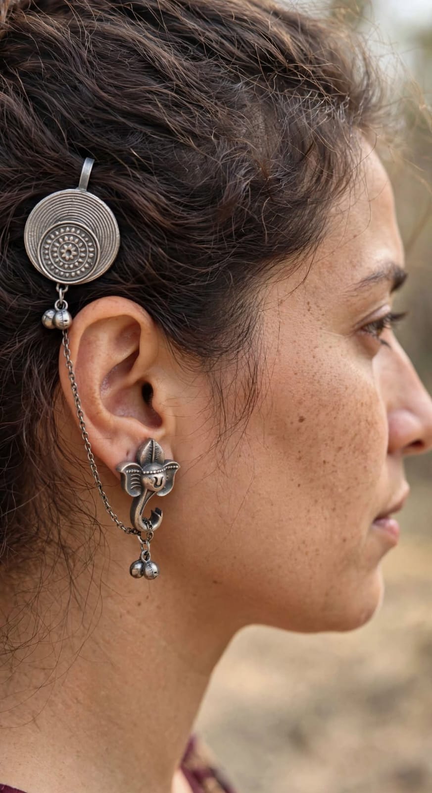 Oxidized Silver Ganesha Ear Cuff Chain Earrings