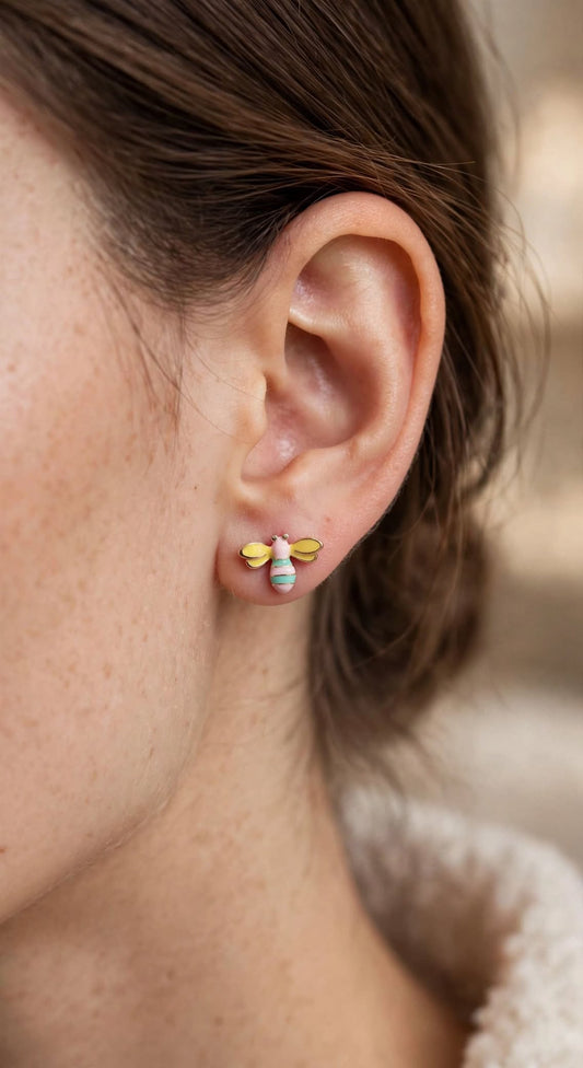 Pastel Honey Bee Stud Earrings - Yellow & Mint