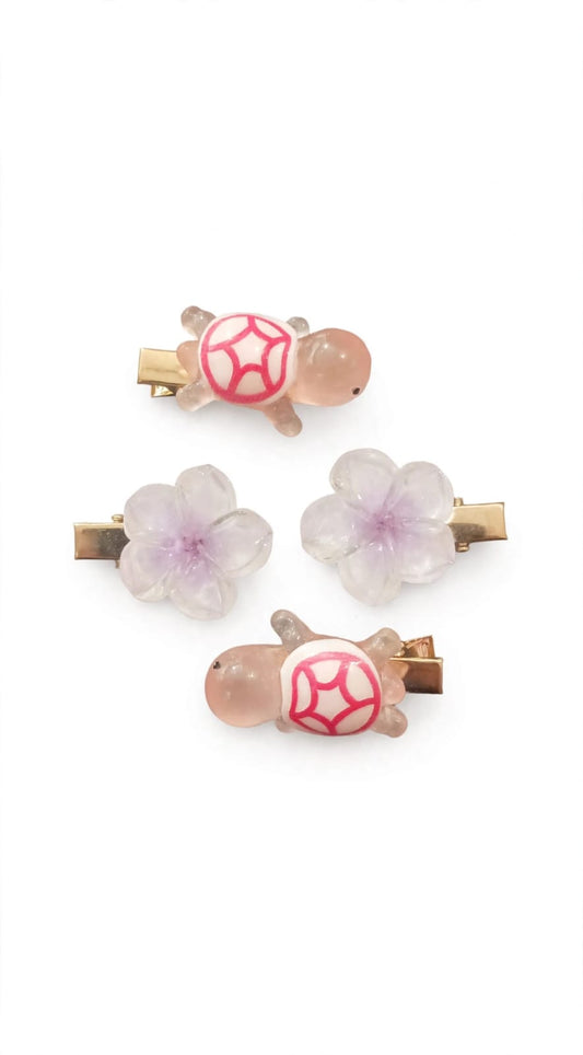 Turtle & Flower Hair Clips Set - Pack of 4