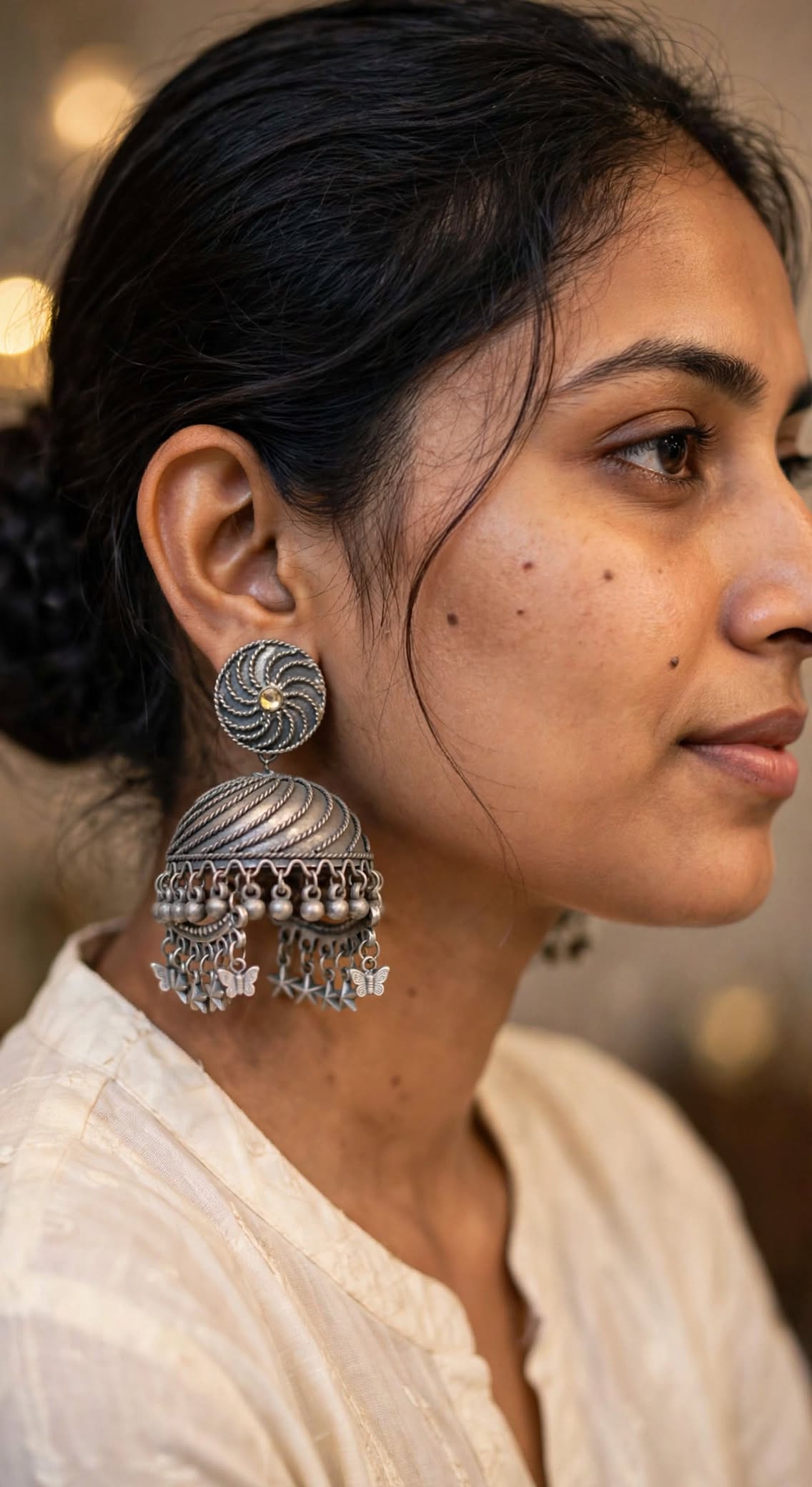 Silver Oxidized Butterfly Dome Jhumka Earrings