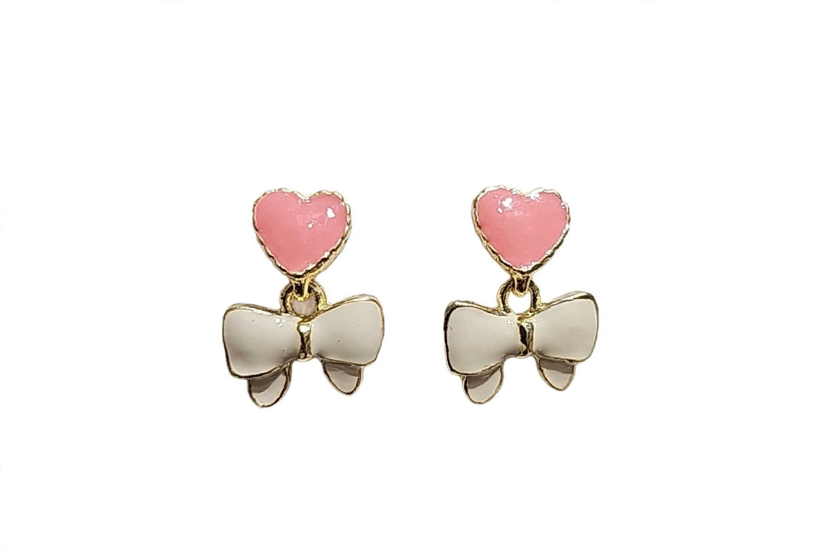 Sweetheart Bow Drop Earrings - Pink & White Enamel
