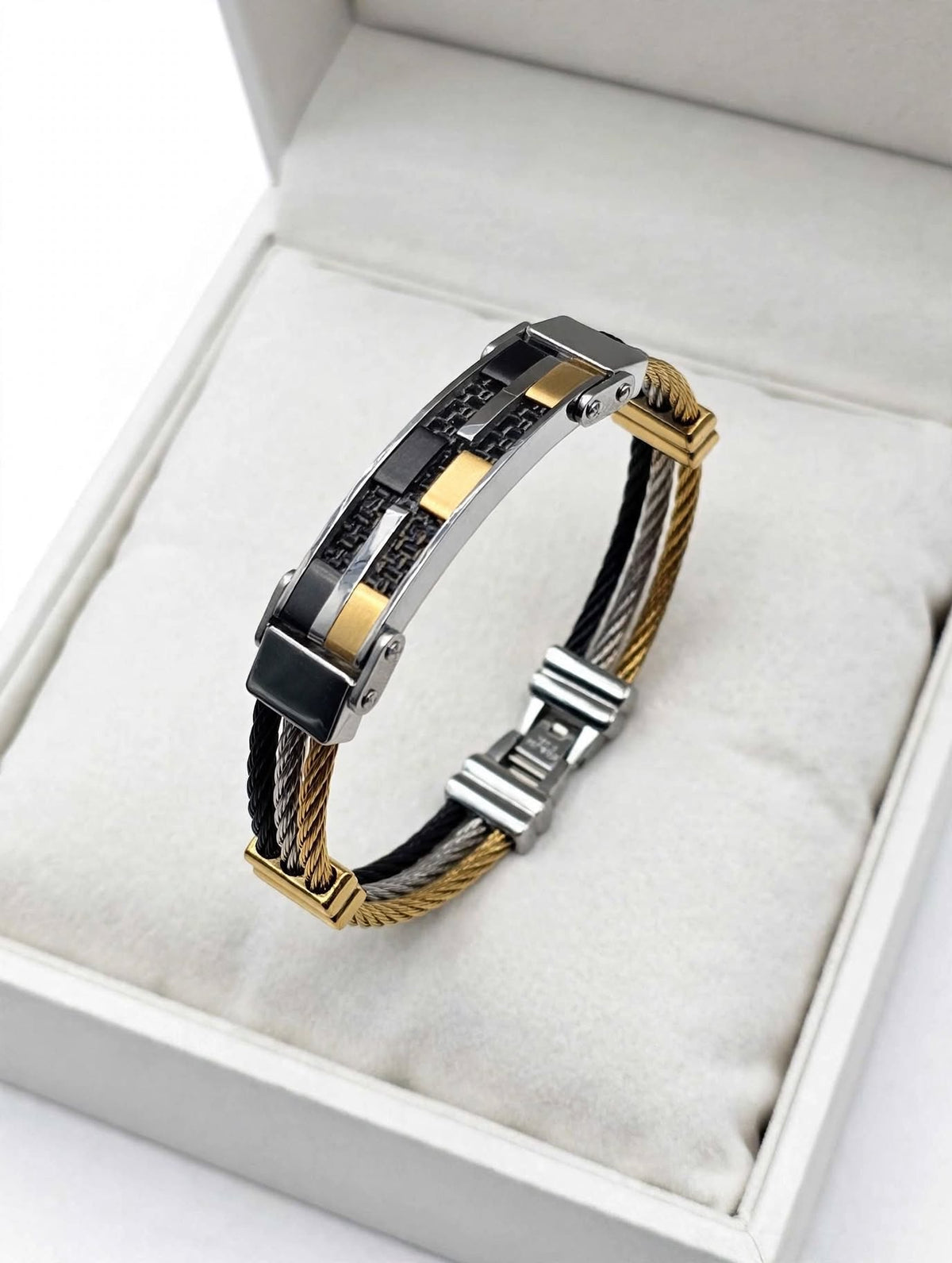 Black Gold Silver Tri-Color Cable Bracelet for Men