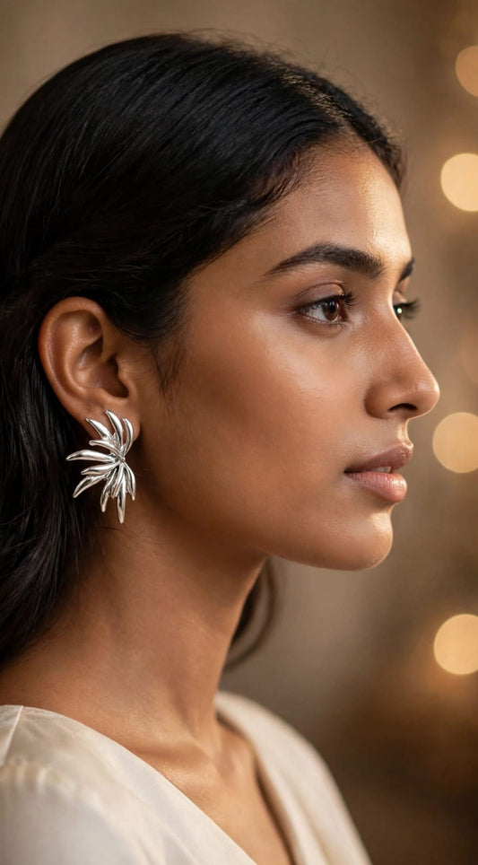 Solara Palm Burst Statement Stud Earrings - Silver