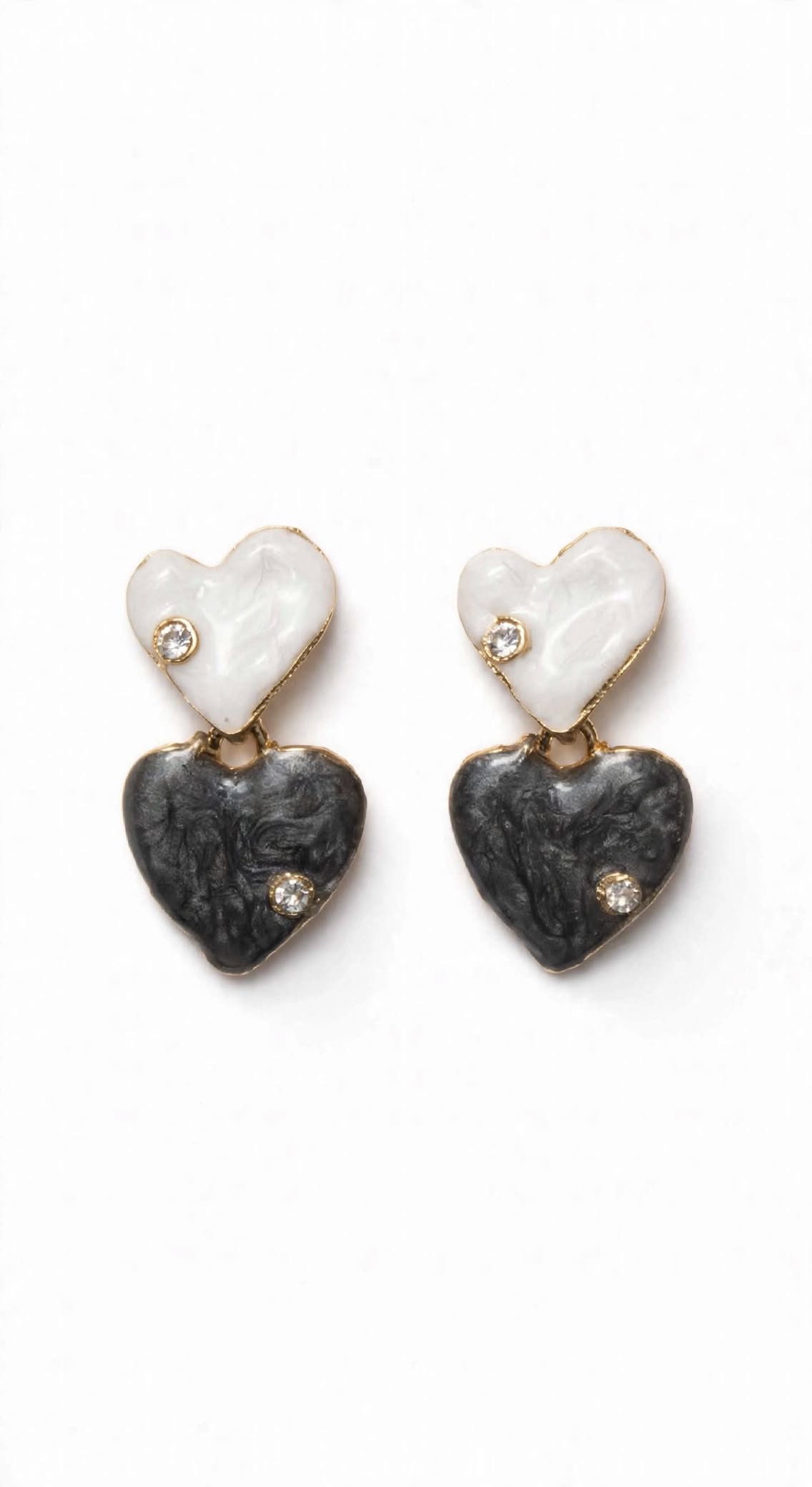 Yin Yang Crystal Heart Earrings Black and White