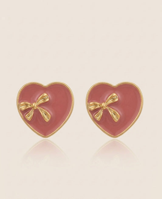 Golden Ribbon Heart Studs