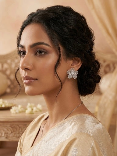 Silver Petals Crystal Bloom Studs