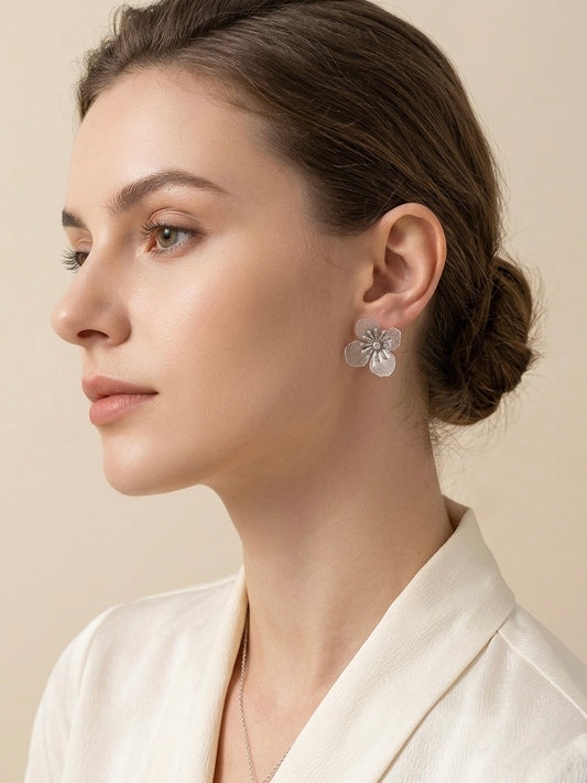 Silver Petals Crystal Bloom Studs