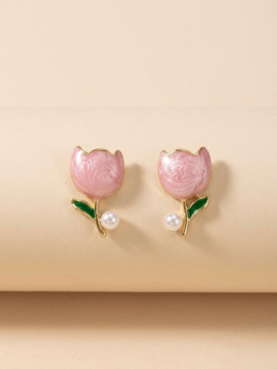 Enamel Tulip Pearl Studs