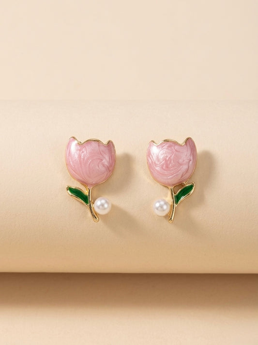 Enamel Tulip Pearl Studs