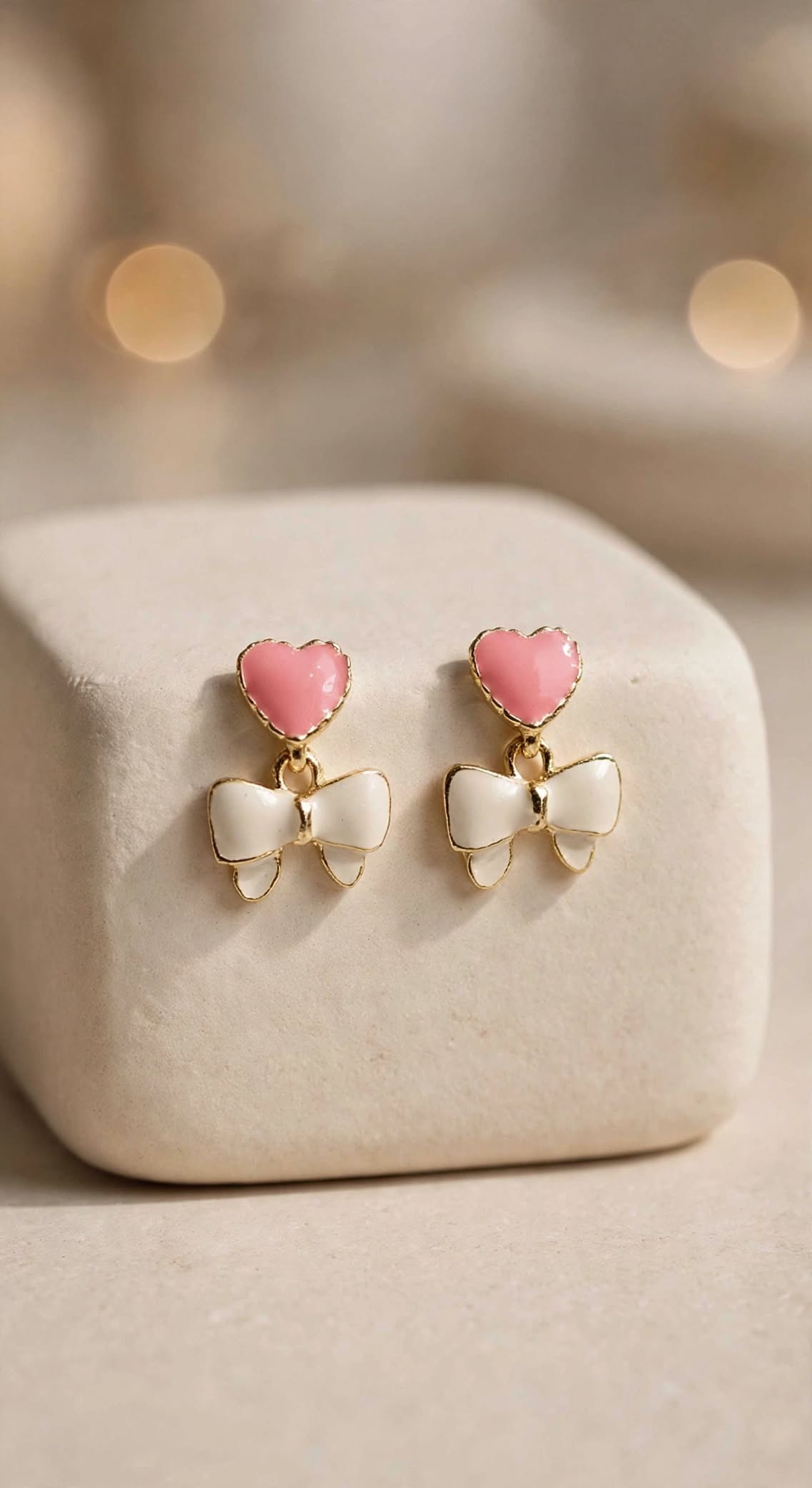 Sweetheart Bow Drop Earrings - Pink & White Enamel