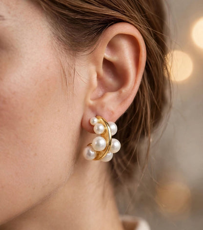 Golden Pearl Crescent Stud Earrings