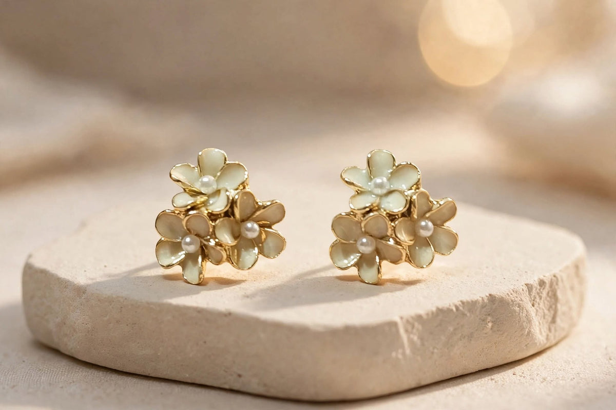 Ivory Bouquet Triple Flower Pearl Stud Earrings