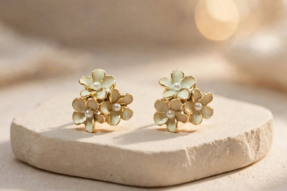 Ivory Bouquet Triple Flower Pearl Stud Earrings