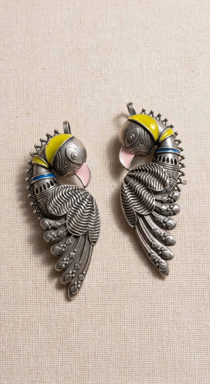 Oxidized Silver Ear Cuff Earrings - Tribal Parrot Motif