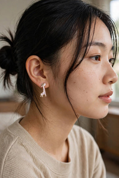Giraffe Sky Blue Enamel Stud Earrings with Crystal Horns