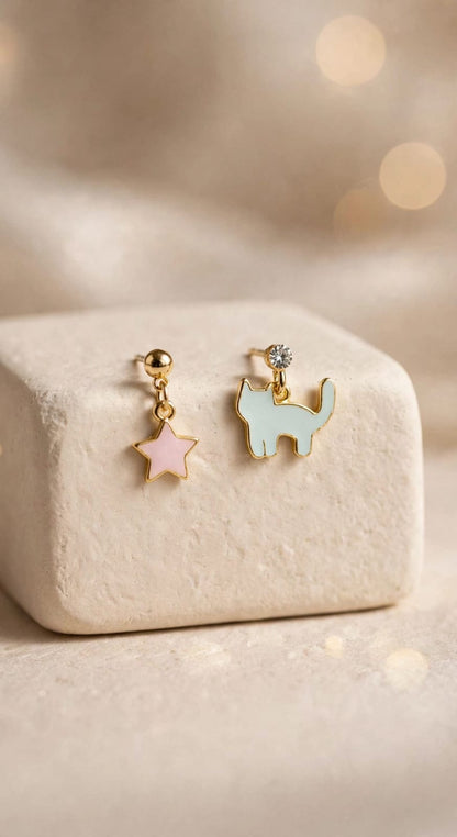 Starry Kitty Mismatch Drop Earrings