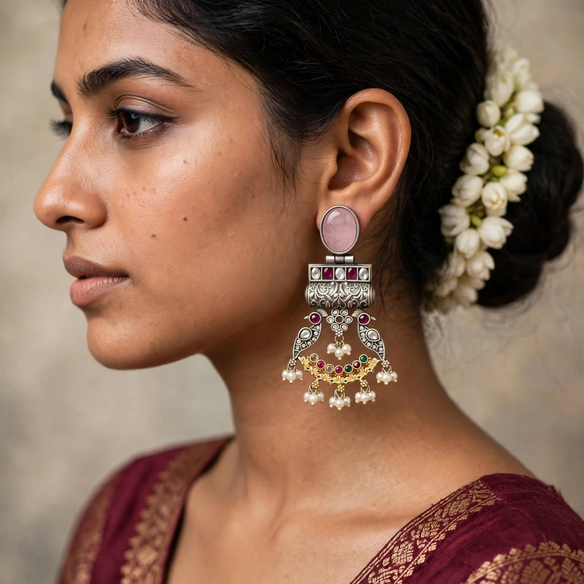 Peacock Oxidized Silver Statement Chandbalis