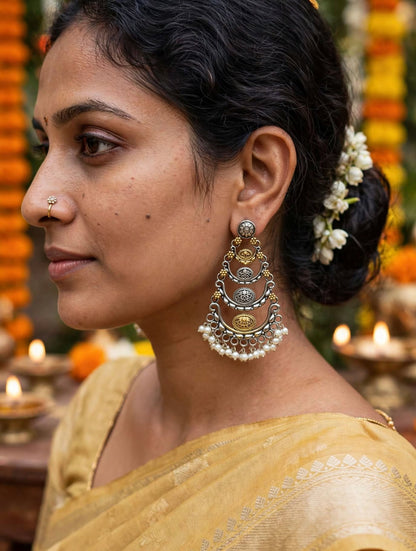 Dual Tone Layered Pearl Chandbali Earrings