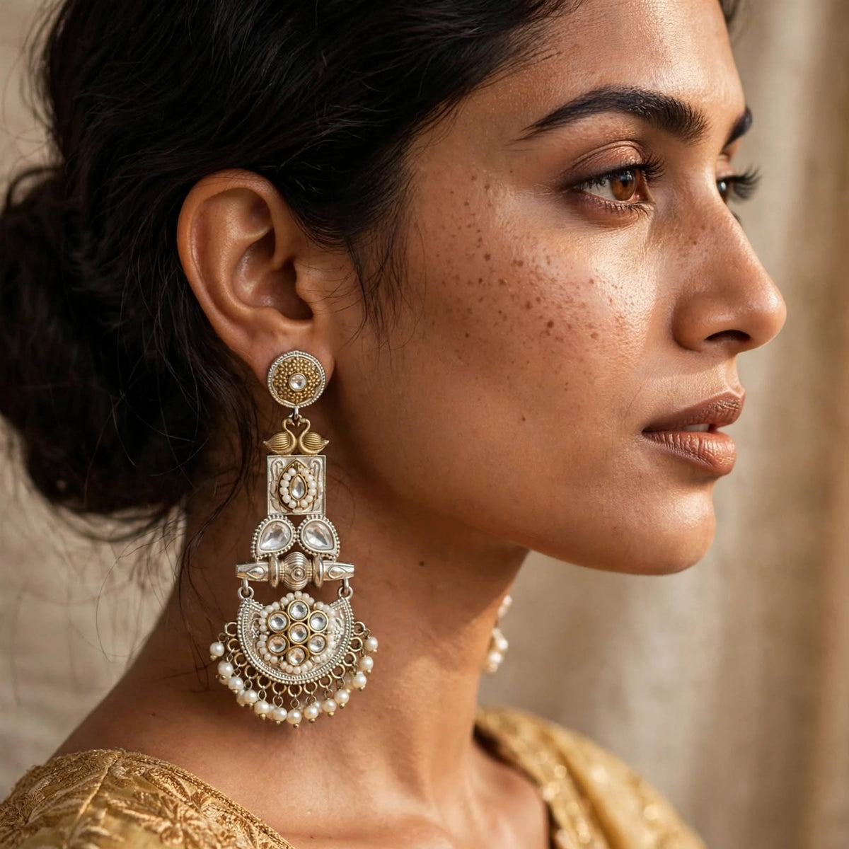 Dual Tone Kundan Pearl Long Jhumka Earrings