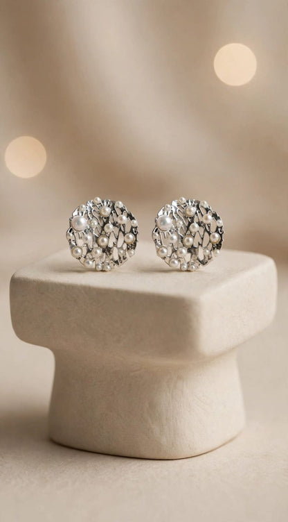Pearl Galaxy Silver Filigree Round Stud Earrings