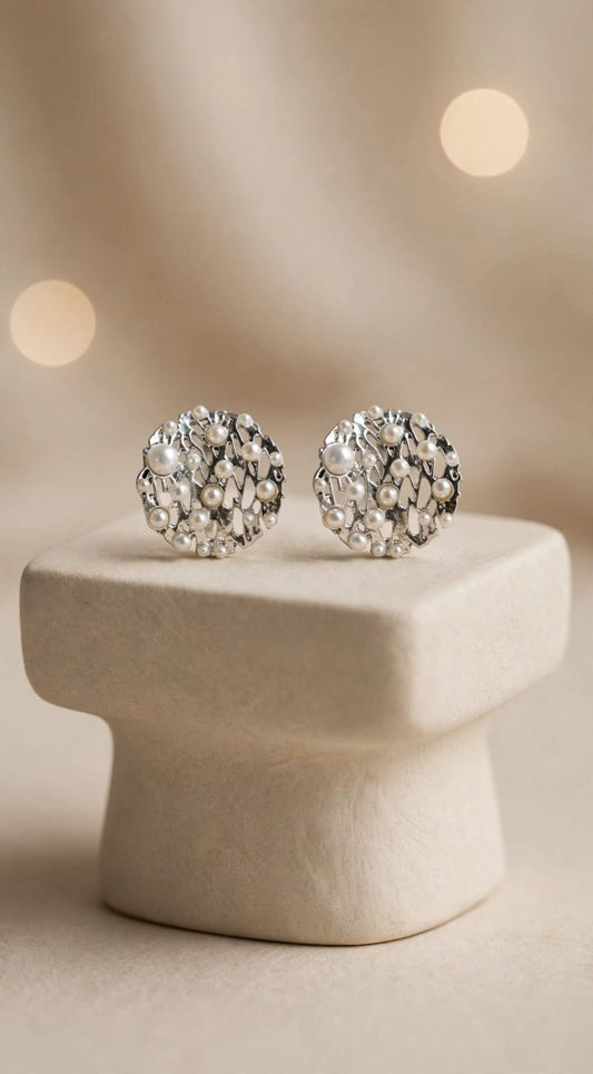 Pearl Galaxy Silver Filigree Round Stud Earrings