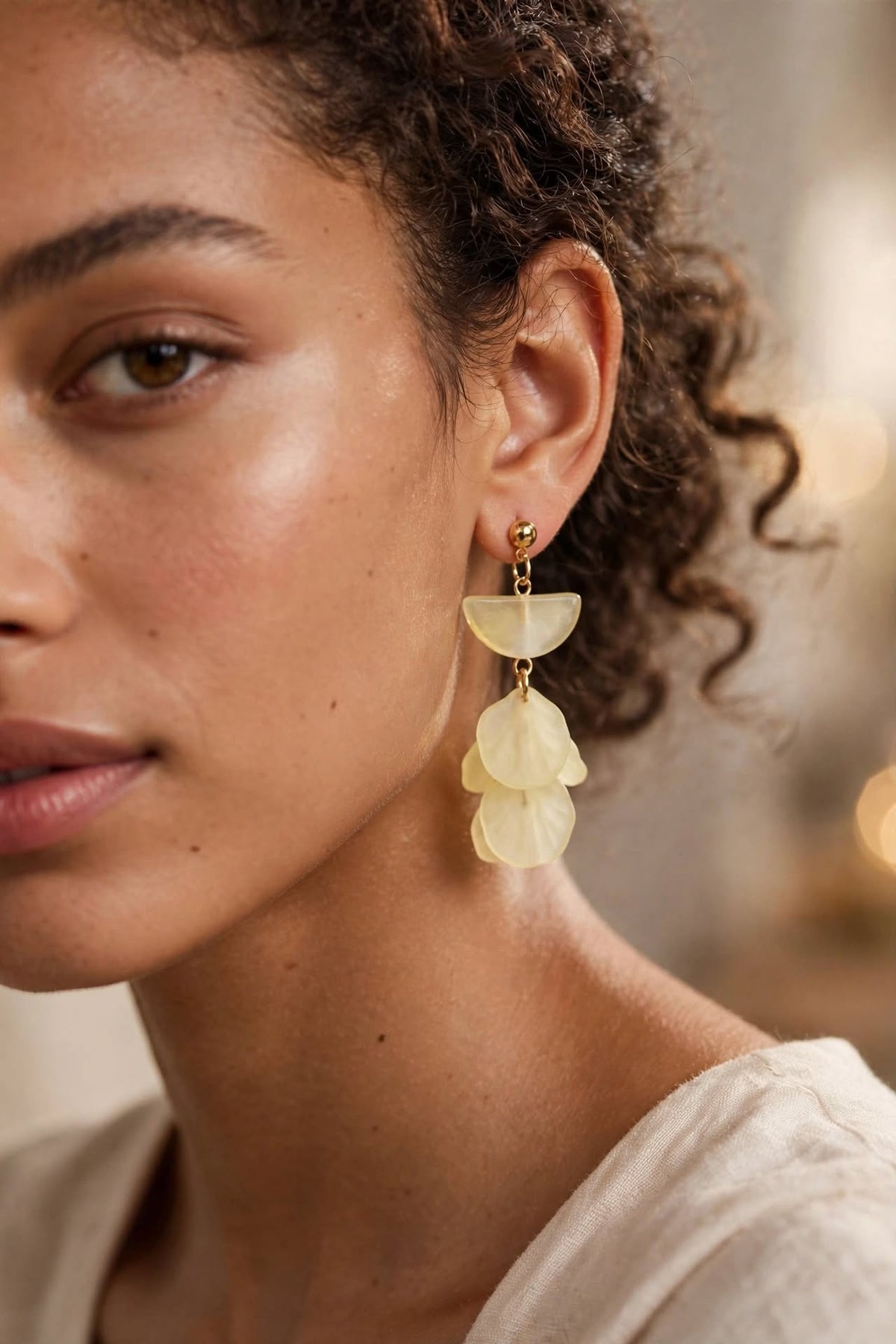 Lemon Petal Shell Layered Drop Earrings