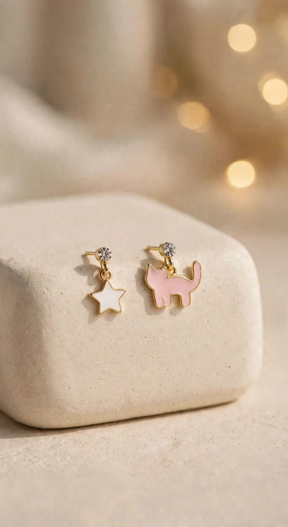 Starry Kitty Mismatch Drop Earrings