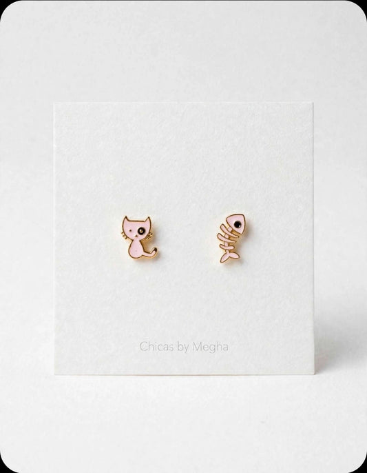 Kitty's Catch - Mismatched Cat & Fishbone Stud Earrings