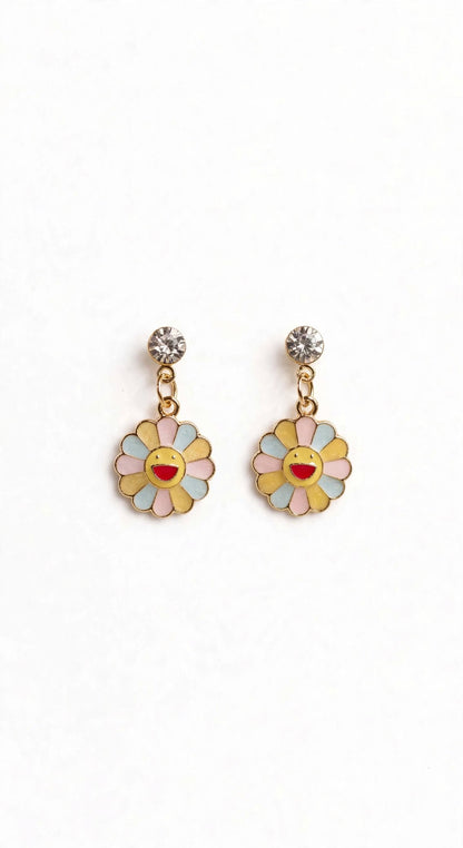 Rainbow Smiley Flower Drop Earrings with Crystal Stud