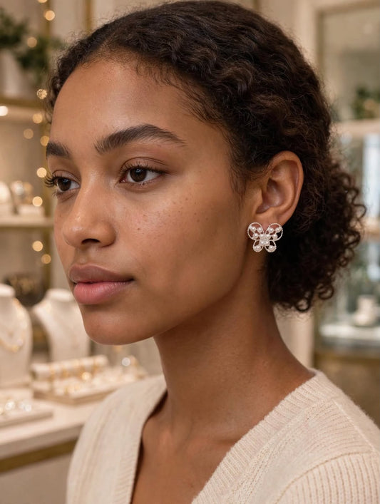 Celeste Mini Pearl Butterfly Stud Earrings - Silver