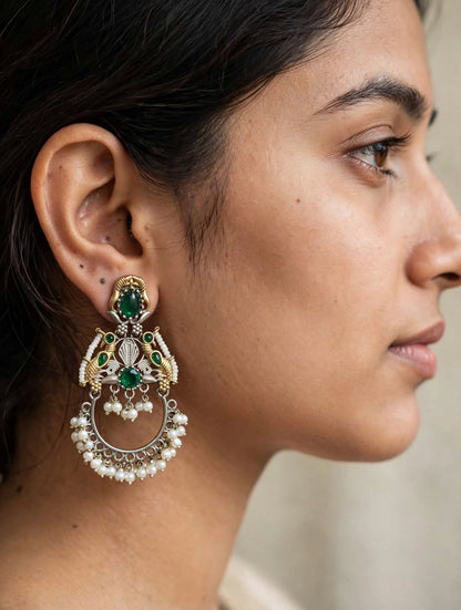 Chandbali Earrings Mayuri Dual-Tone Peacock