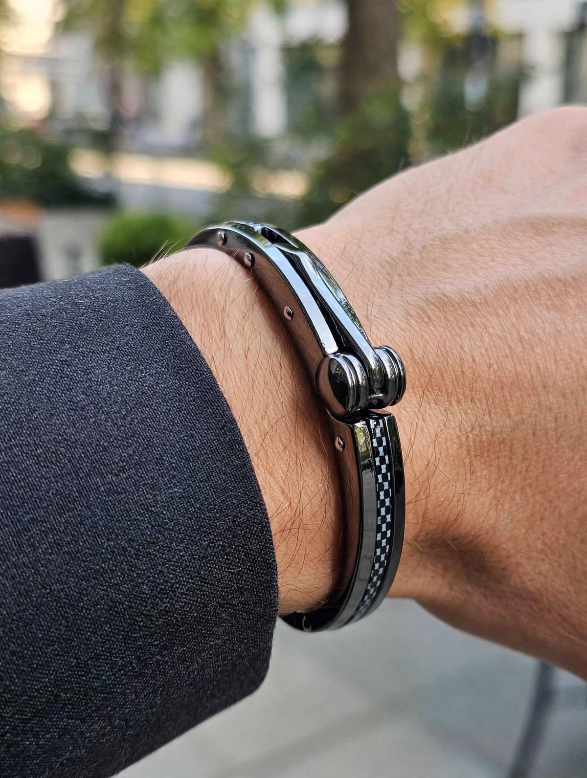 Black Checkered Hinged Bracelet for Men