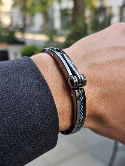 Black Checkered Hinged Bracelet for Men