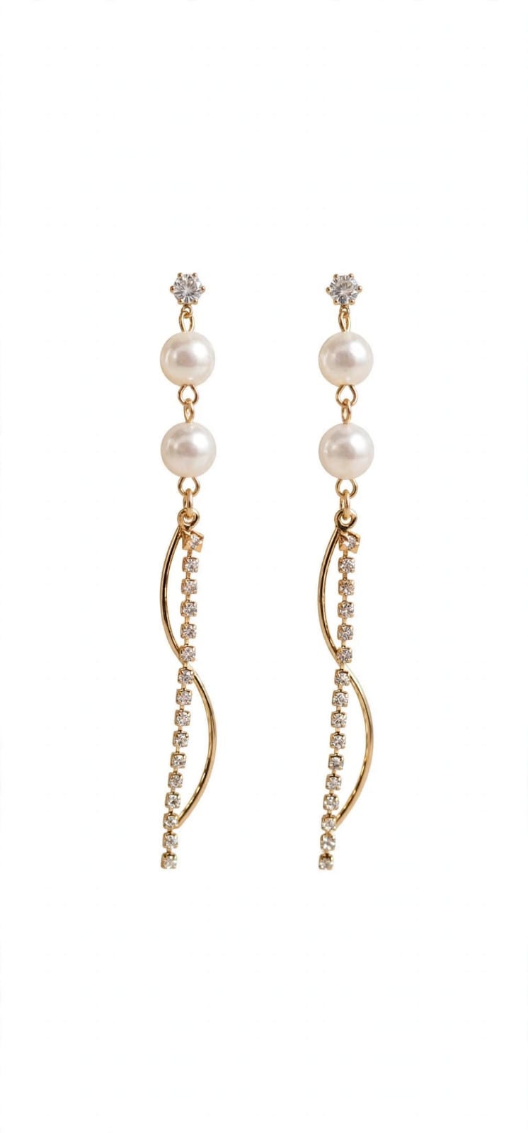 Serpentine Double Pearl Wavy Diamond Drop Earrings - Gold